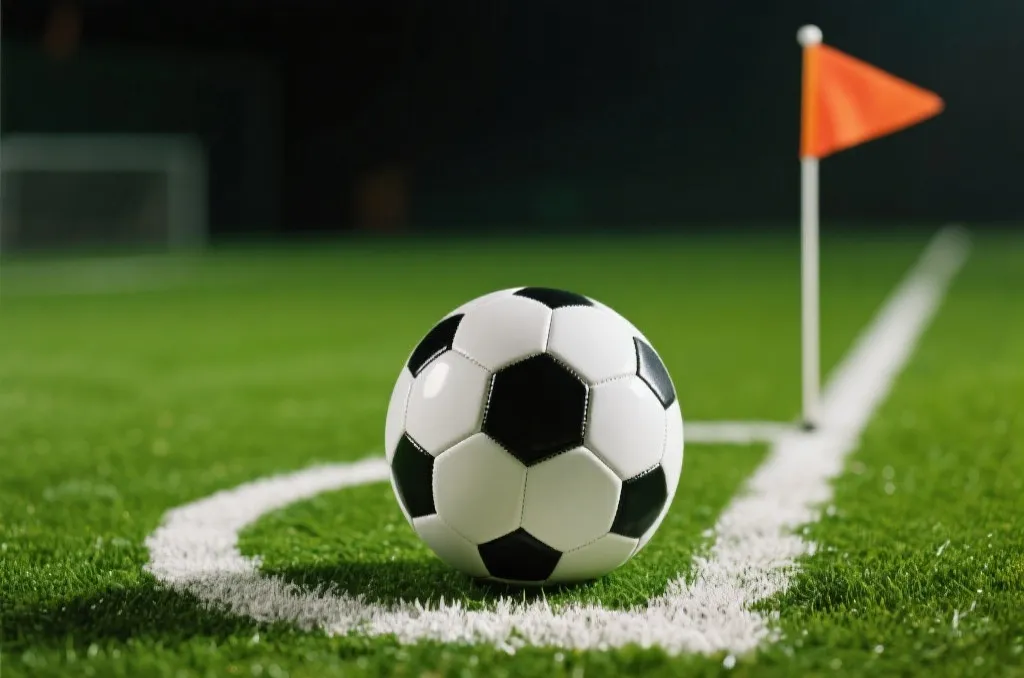 A close-up of a classic soccer ball placed on the white corner kick arc on a green pitch